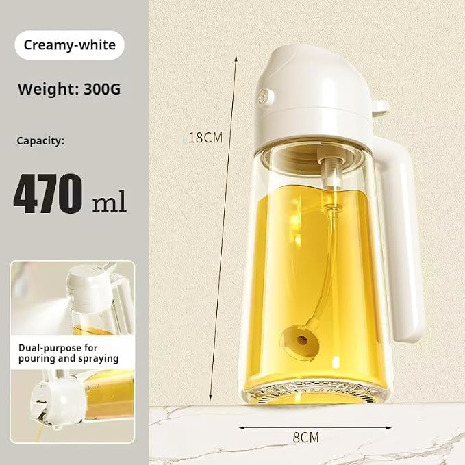 Glass Olive Oil Sprayer 16oz/470ml – 2-in-1 Oil Dispenser & Spray Bottle for Cooking, Portion Control, Salad, Air Fryer, BBQ – Leak-Proof, Fine Mist Bottle with 6 Decorative Labels (Creamy White)