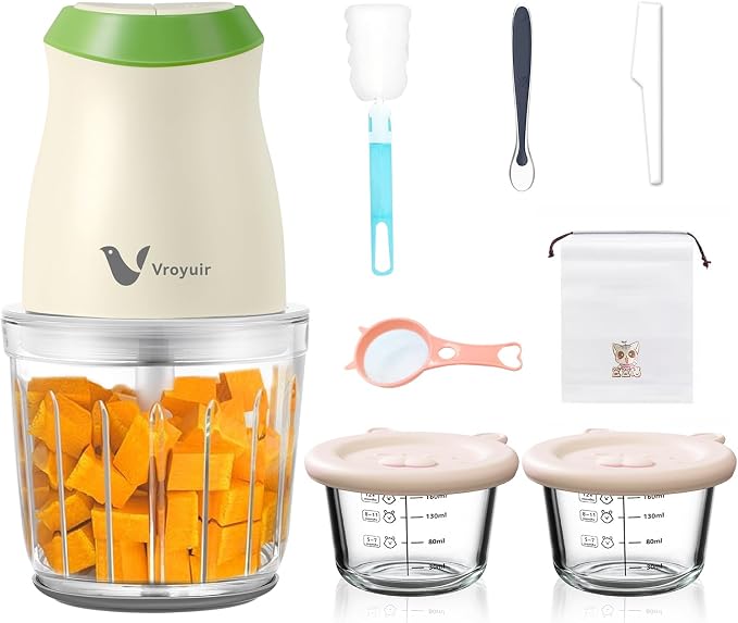 Baby Food Maker, 600ML Glass Food Processor with 2-Speed Control | 8 Blades, Baby Puree Maker and Food Chopper for Fruit Vegetable Meat and Nut, Include Two 200ML Glass Bowl, Spoon and Scraper