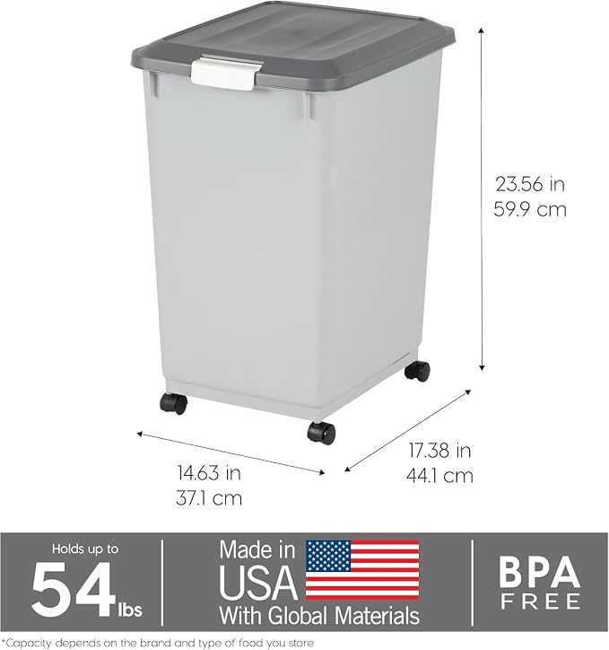 IRIS USA Dog Food Storage Container, Up to 54 lbs, Gray/Dark Gray | Made in USA, Comes with Wheels & 2-Cup Scoop, Airtight Seal, BPA-Free, Bird Seed, Cat food, Cat Litter, Treats, Pellets