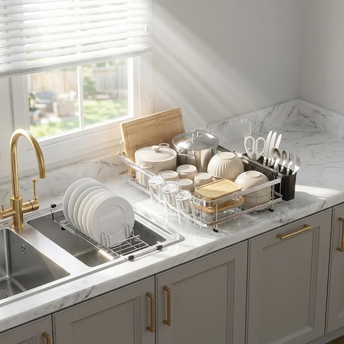 Large Capacity Dish Rack - Expandable 2-Piece Countertop Set, Silver | Expands 16.5-21.5 in, Holds Pots & Plates, Cup & Utensil Holders, Absorbent Mat, Removable Over-Sink Rack, Stainless Steel