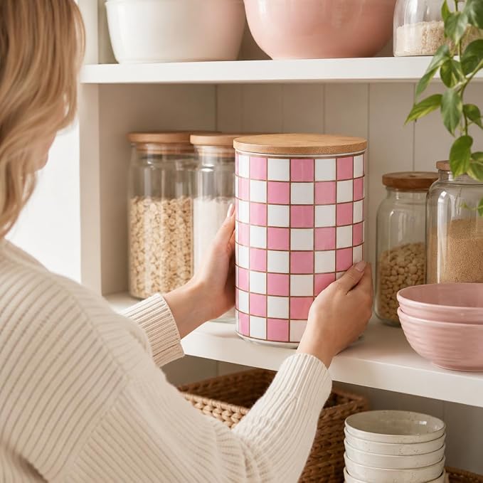 Kitchen Countertop Ceramic Checkered Canisters,Black And White Food Storage Containers With Lid,Airtight Kitchen Canisters for Flour, Sugar, Coffee, Tea, and Dry Goods (Pink, XL)