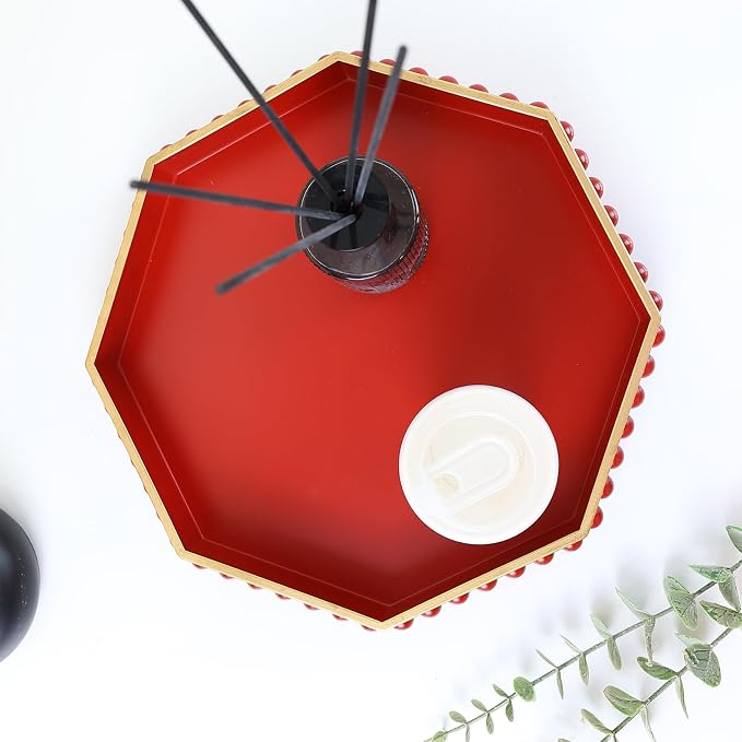 Red Serving Tray for Coffee Table, Octagonal Beaded Plastic Decorative Tray for Ottoman, Kitchen Counter, Living Room, Outdoor Lacquer Tray for Entertaining