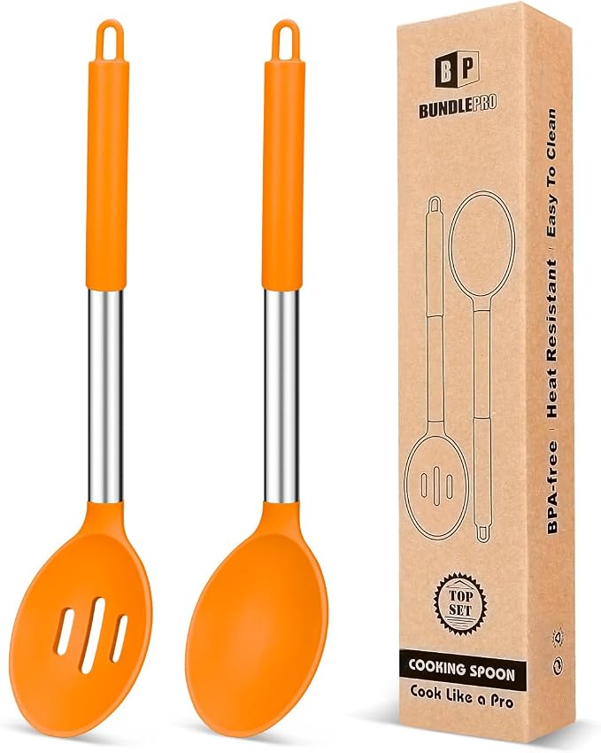 BUNDLEPRO Silicone Cooking Spoons for Non Stick Cookware, 2 Pack, Orange | Heat Resistant, Large Kitchen Spoons for Mixing, Serving, Draining, Stirring