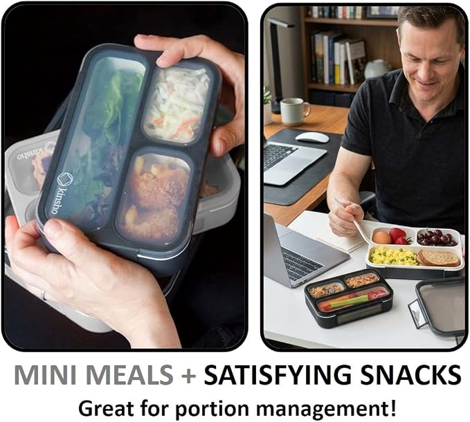 kinsho Small Snack Box Container for Kids Toddlers, Set of 2 (Black + Gray) | 3 Compartments, Leak-Proof, Spill Proof, BPA-Free Reusable Small Mini Bento Lunch Box for Daycare School Travel, Holds 2 Cups