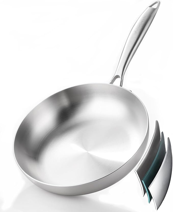 DELARLO Tri-Ply Stainless Steel Frying Pan 8" kitchen skillet | Stainless Steel Pan Cooking Heat fast and evenly Compatible with All Cooktops Dishwasher and Oven Safe