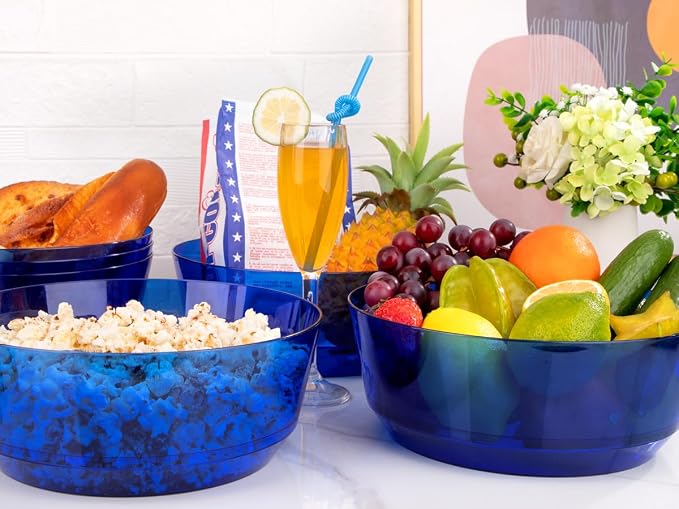 8 Pack Clear Blue Bowls for 4th of July | 128oz Heavy Duty Disposable Plastic Bowls, Perfect for Party Snack, Salad, Candy, Pool Party & Buffet