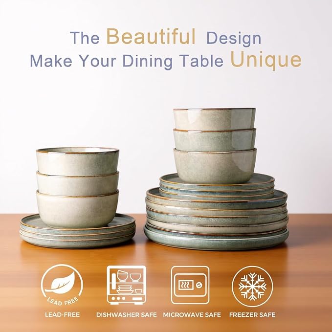 AmorArc Stoneware Dinnerware Sets for 8, 24Pcs Plates and Bowls Sets Dishes | Ceramic Round Reactive Glaze Dishes Set, Highly Scratch Resistant | Dishwasher & Microwave Safe Dishware