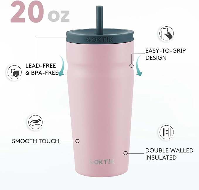 COKTIK 20oz Insulated Tumbler with Lid and Straw Iced Coffee Cup Reusable Stainless Steel Travel Mug Water Bottle Cupholder Friendly for Women Men Her Him (Blush)