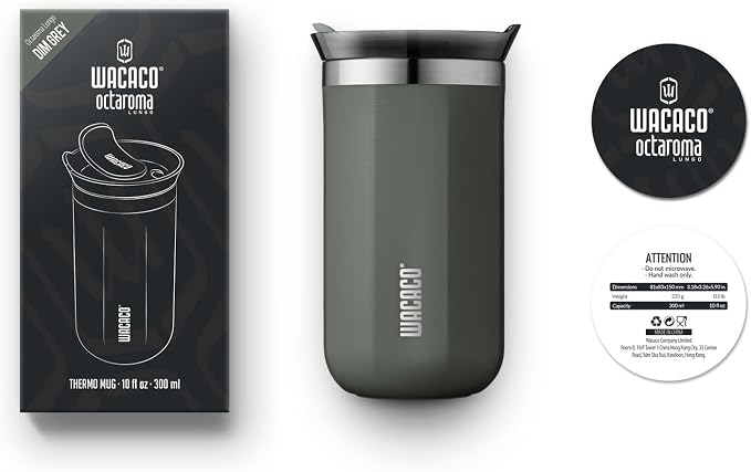 WACACO Octaroma Lungo Vacuum Insulated Coffee Mug, Double-wall Stainless Steel Travel Tumbler With Drinking Lid, 10 fl oz(300ml)， Dim Grey