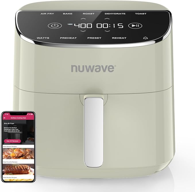 Nuwave Brio Plus Air Fryer 8 Qt, New & Improved, PFAS-Free Ceramic Coating | 7 Digital One-Touch Cook Modes:Air Fry/Bake/Roast/Dehydrate/Toast/Reheat/Preheat; 150 Presets; 50–400°F; 700/1500/1800W;Cream