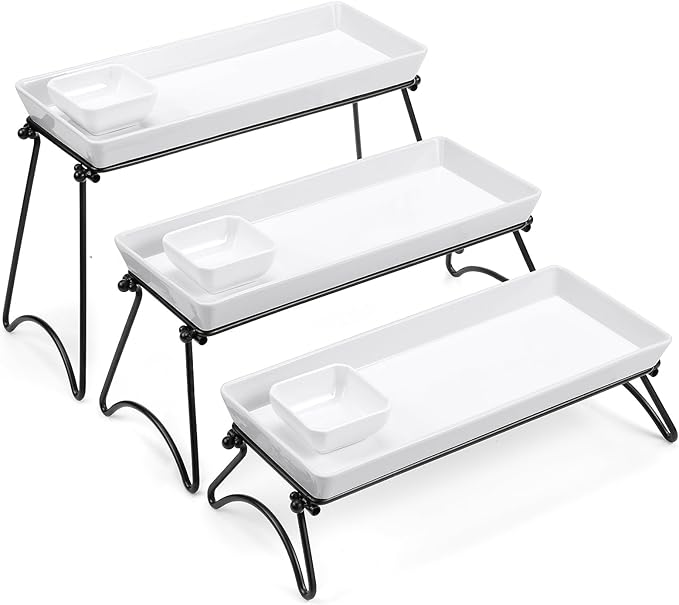 3 Tier Serving Tray Set, 14" White Porcelain Platters with Collapsible Metal Stands, Tiered Serving Stand for Party Food Display, Cupcakes, Desserts, Fruit & Appetizers | 3*Porcelain Durable Serving Plates, Microwave/Dishwasher Safe, Modern Cupcake Fru...