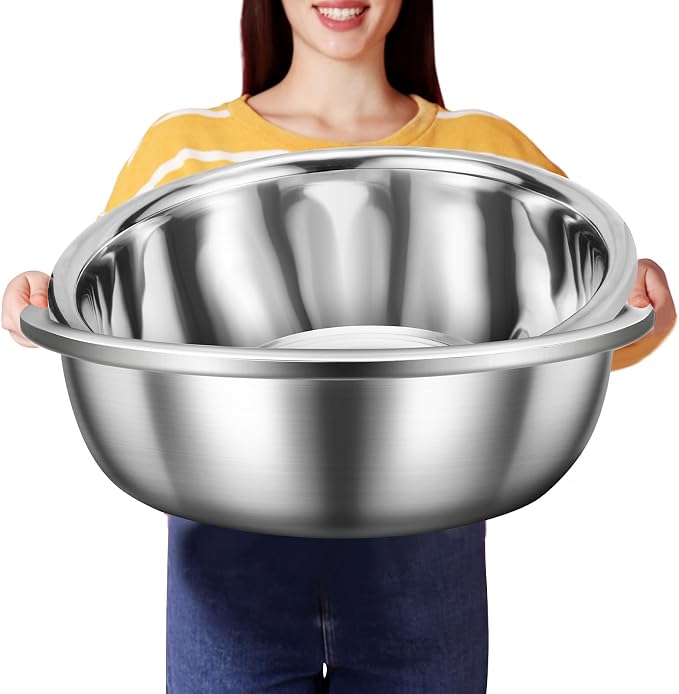 FillTouch 2 Pack Large Mixing Bowl 16 Qt Oversized All Purpose 304 Stainless Steel Polished Mirror Flat Base Metal Bowl for Home or Commercial Prepping Baking Mixing Marinating