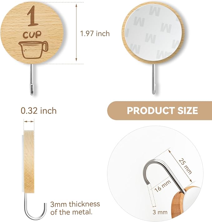 12 Pack Adhesive Wooden Hooks for Organizing Measuring Cups and Spoons