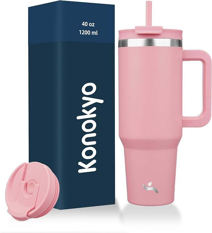 Konokyo 40 oz Insulated Tumbler Water Bottle with Handle, Straw Lid | BPA-free and dishwasher safe; made for gym, travel, coffee and gifting, 2 straws, cup holder friendly,Pink