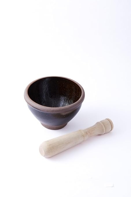 Thai Mortar and Pestle Set, Clay Bowl with Wooden Pestle | Small Traditional Set For Papaya Salad, Curry Paste, Herbs, Spices And Thai-Style Food Preparation