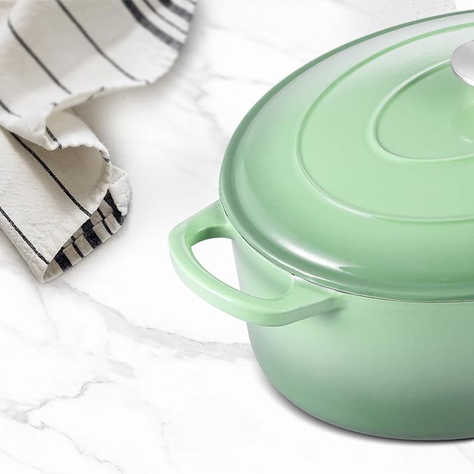 5QT Oval Dutch Oven Pot with Lid, Leonyo 5 Quart Enameled Oval Cast Iron Dutch Oven for Sourdough Bread Breaking, Heavy Duty Cookware for Braising, Stews, Roasting, Pistachio Green