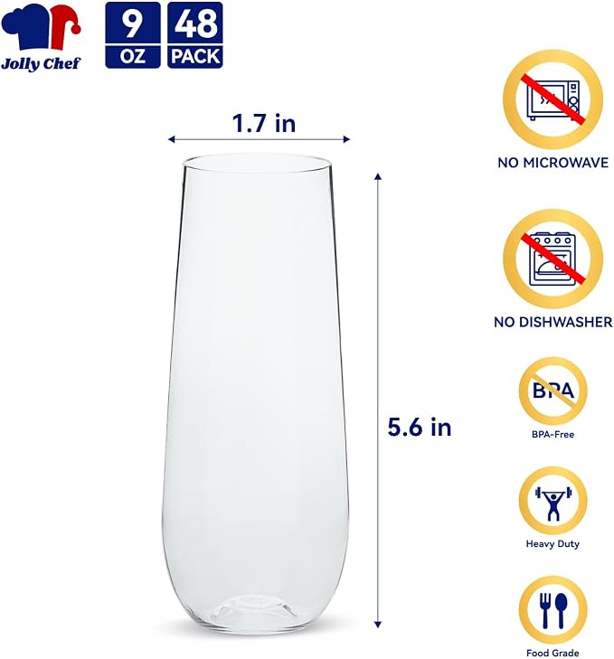 JOLLY CHEF 48 Pack Stemless Plastic Champagne Flutes 9 oz, Crystal Clear Stemless Plastic Toasting Glasses, Clear Disposable Unbreakable Drinkware Ideal for Wedding, Birthday, Party, Thanksgiving