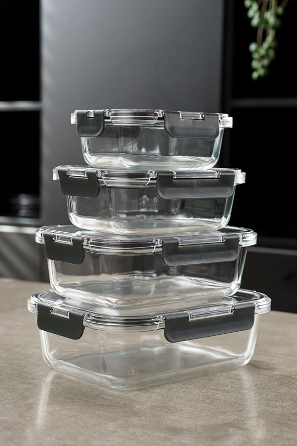Zyliss E981067 4 Piece Glass Container Set, Shatterproof Glass, Airtight Food Storage Boxes with Sealable Lid, Microwave Safe, BPA Free, Freezer Safe, Fridge Storage, Food Container