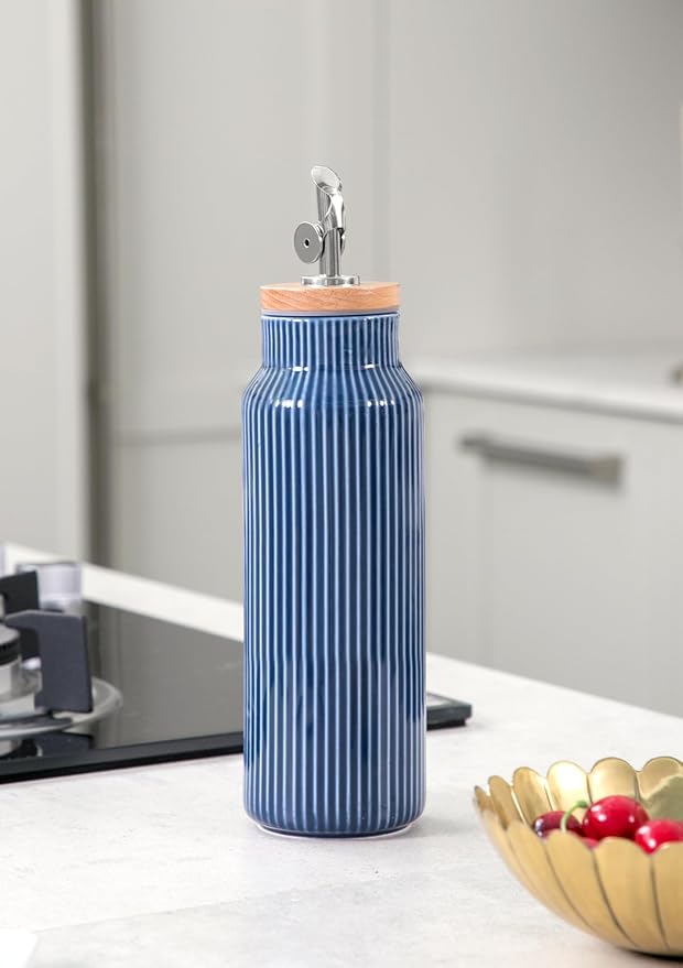 Nucookery 20oz Ceramic Olive Oil Dispenser Bottle for Kitchen spray, Large Capacity Cooking Oil Container for Storage Vinegar, Soy Sauce, Coffee Syrup, Liquids, Blue