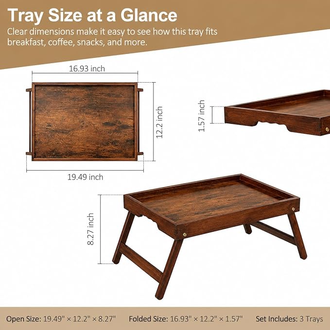 Large Bamboo Bed Tray Tables with Folding Legs, 3 Pack, Vintage | 3 large vintage bamboo bed trays with folding legs, raised edges and side grips for meals, laptops, snacks and serving.