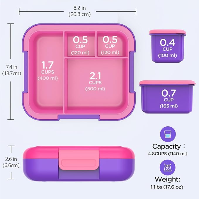 Caperci Bento Box for Kids Age 4-8 - 4.8 Cups Lunch Box with 2 Modular Containers - 4 Compartments Lunch Container, Leak-Proof, Portable Handle, Microwave/Dishwasher Safe (Fuchsia/Purple)