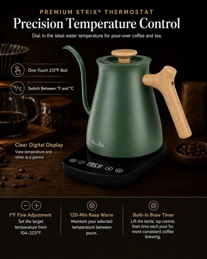 Harriet Gooseneck Electric Kettle, 1°F Control, Brew Time, 0.8L | 120-Min Keep Warm, 104–203°F Control, Built-In Brew Timer, Stainless Steel, Wood-Accent Handle for Pour-Over Coffee