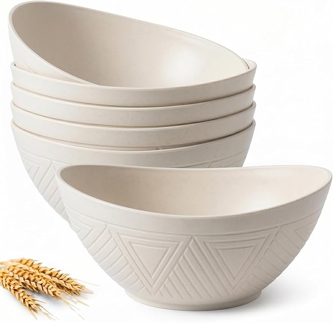 Salad Bowls Set of 6, 60 OZ Large Wheat Straw Bowls for Kitchen, Camping, Party, Unbreakable Lightweight Popcorn Bowl, Microwave and Dishwasher Safe Bowl Set with Unique Texture - Beige