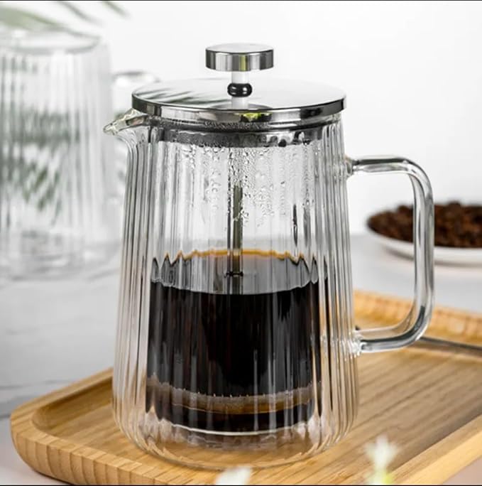 French Press Coffee Maker – 650ml / 22oz – Ribbed Glass Design – Borosilicate Glass with Stainless Steel Filter –Serves Small 4–5 cups