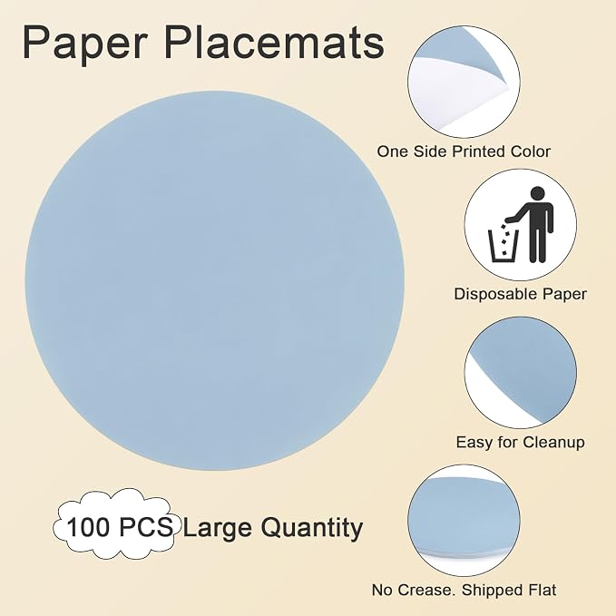 SHACOS 100 PCS Round Paper Placemats 13 inch Disposable Paper Place Mats for Dinner Wedding Birthday Party Festival Table Decoration Indoor Outdoor, Dusty Blue (Pack of 2)
