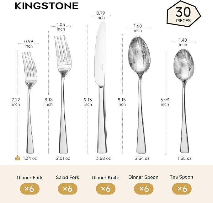18/10 Flatware set for 6, 30 Piece Stainless Steel Silverware Cutlery Set | KINGSTONE Forged Cutlery Set, Mirror Polished Knives Fork and Spoon Utensils, Dishwaher Safe for Restaurant, Wedding, Party