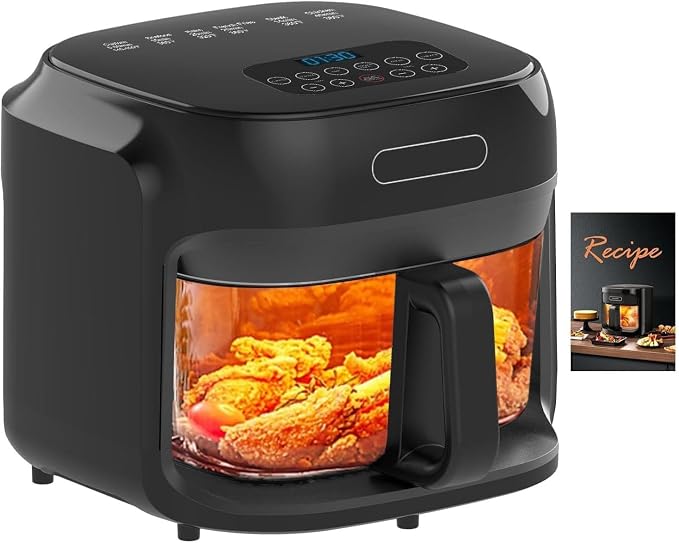7.4QT Glass Air Fryer with Glass Basket, Black | Visible Window Lid, Digital Control, 360° Air Circulation, Oil-Free Cooking & Baking, Nonstick, Dishwasher Safe Easy Clean