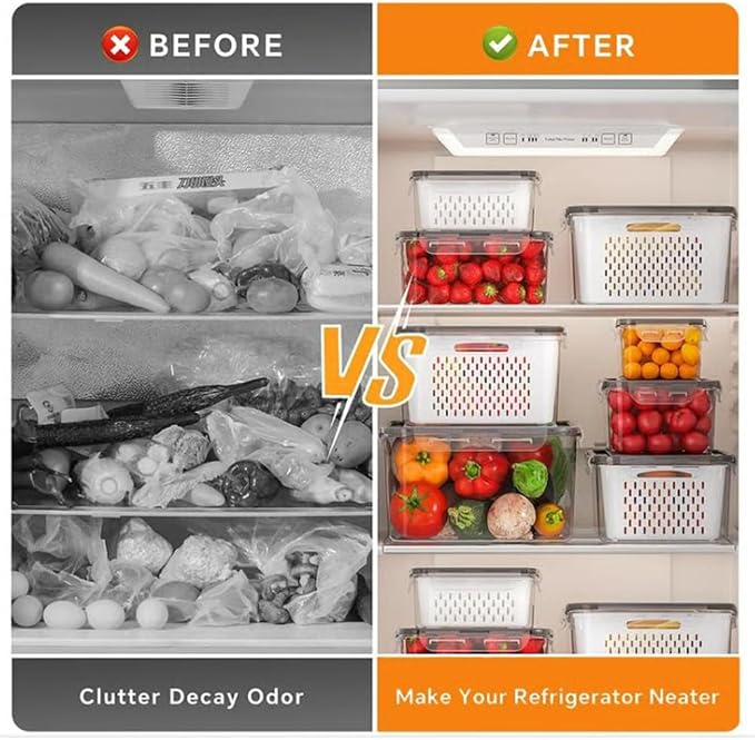4 in 1 Food Storage Container, Fruit Storage Containers for Fridge, Produce Storage Containers with Lid and Strainer, Including Drain Basket, Multipurpose Large Fruit Containers for Fridge (S-Grey)