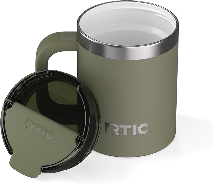 RTIC 12oz Essential Mug with Lid and Handle, Ceramic Lined, Olive | Stainless Steel Metal, Insulated Travel Cup for Hot and Cold Drinks, Coffee, Car, Camping and Travel
