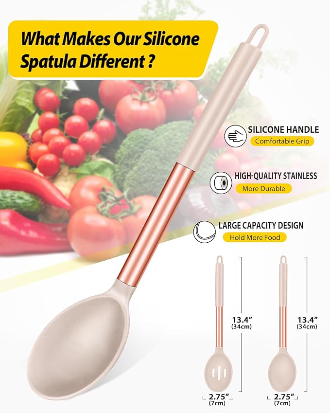 BUNDLEPRO Silicone Cooking Spoons for Non Stick Cookware, 2 Pack | Rose Gold Khaki, Heat Resistant, Large Kitchen Spoons for Mixing, Serving, Draining, Stirring
