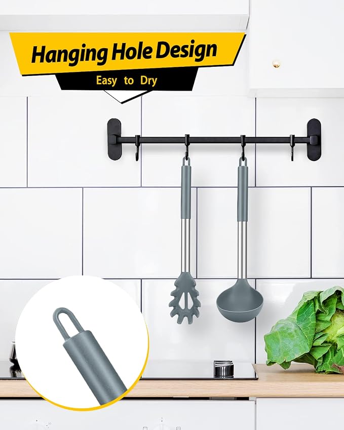 BUNDLEPRO Silicone Pasta Fork and Ladle Spoon Set, 2 Pack, Gray | Large Non Stick, High Heat Resistant Kitchen Utensils for Cooking,Stirring,Serving Spaghetti, Soup, Sauce