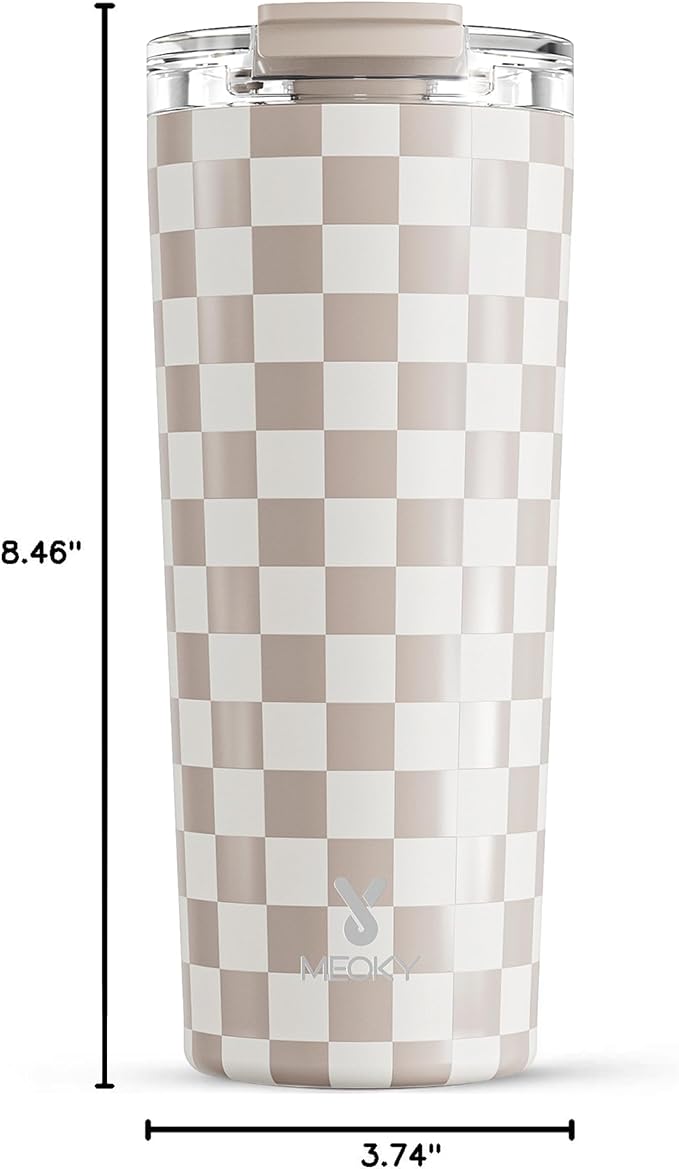 Meoky 24 oz Insulated Travel Coffee Mug: Leak Proof Lid, Checkmate | Stainless Steel Coffee Tumbler, Keeps Hot for 8 Hours or Cold for 24 Hours, Fits in Car Cup Holder, BPA Free