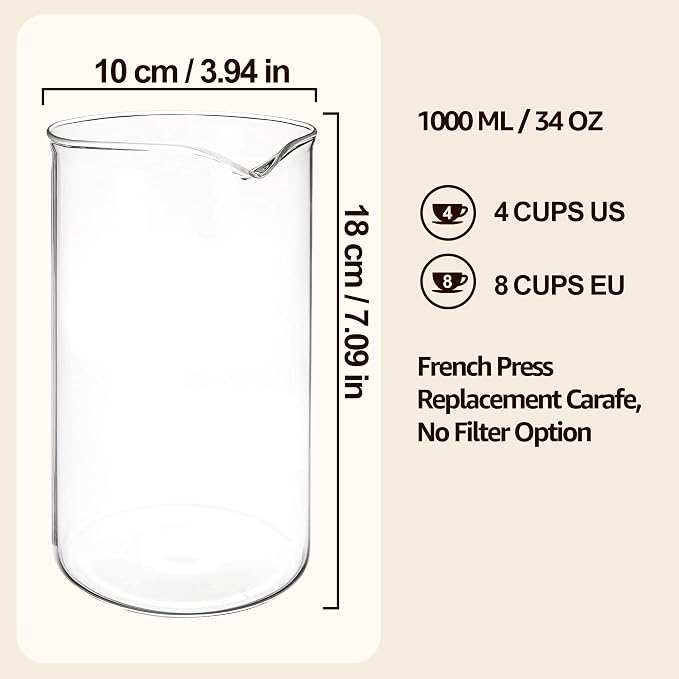 French Press Glass Replacement for Bodum, 34 Ounce, 1 Liter, Dishwasher Safe
