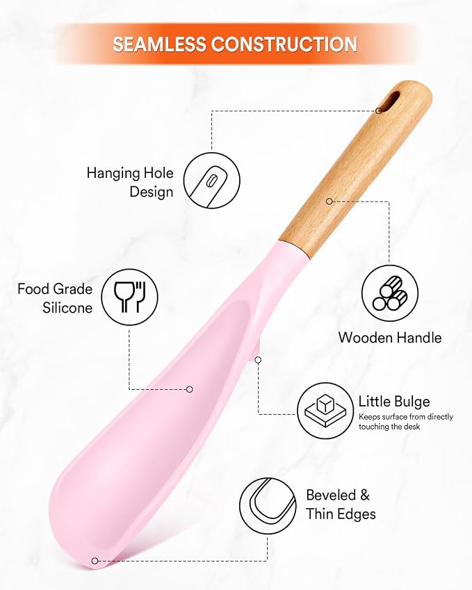 Cooking Spoon and Rice Scooper for Nonstick Cookware,Multi-function | Great for Cooking and Serving, Sturdy BPA-Free Matte Silicone, Wood Handle Spoon for Mixing, Scoop, and Scrape,9.3"+14.3"
