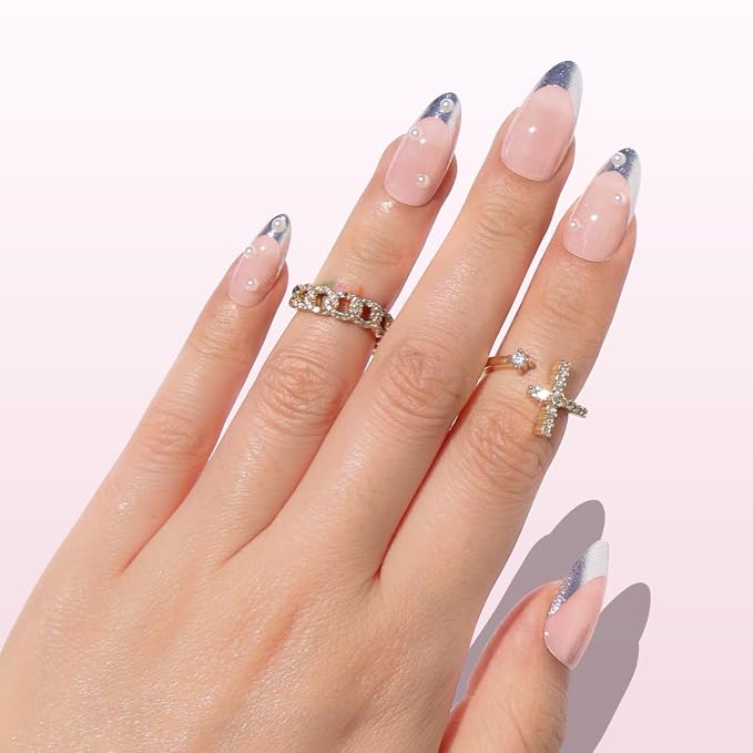 Nail Reformation Press On Nails, Beaded Clutch | Sheer Nude Medium Almond | Fake Nails with Metallic Silver French Tip & Pearl, Reusable Stick On Nails in 15 Sizes - 30 False Nail Kit, Gifts for Women