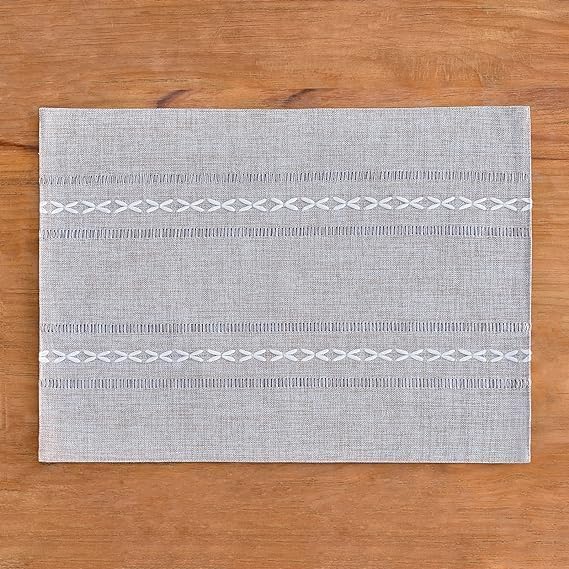 Wracra Cotton Linen Place Mats, Grey Embroidered Placemats Set of 6 | Placemats 12 x 18 Inch; Cotton Linen Woven Fabric; Heat Resistant Table Mats; Raised Embroidered Hollow Design