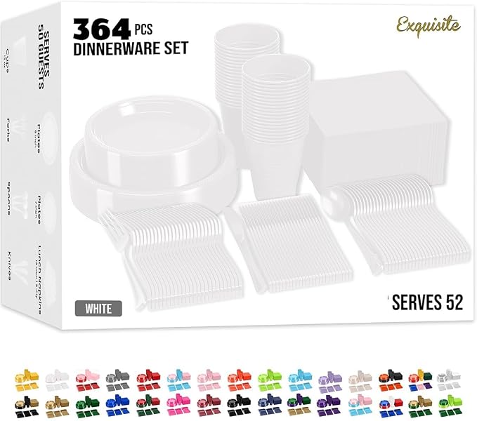 Party Solids 350 Pieces White Plastic Plates For Party, White Disposable Plates Set, 50 Of Each 9" Dinner Plate Set, 7" Dessert Plate, Cups, Napkins & Cutlery Plastic Dinnerware Set