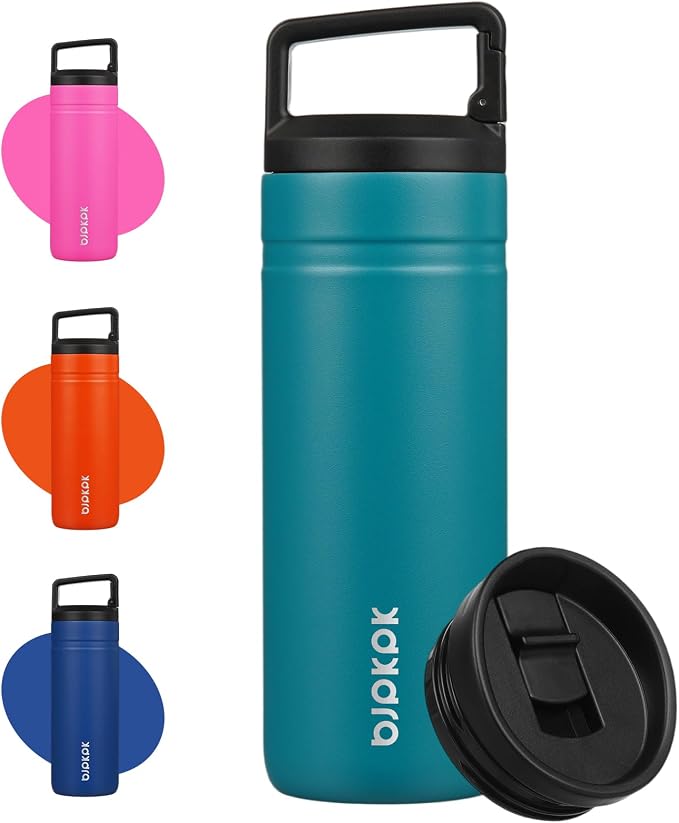 BJPKPK 20 oz Insulated Travel Water Bottle, Coffee Tumbler Stainless Steel | Double Wall Vacuum, Leakproof, Thermal, Keeps Hot/Cold, Dishwasher Safe, Spill Proof, Wide Mouth, 2 Lids, Lake Blue