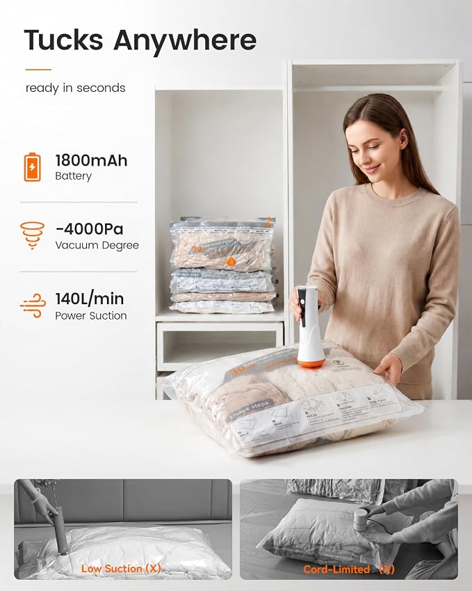 Vacuum Seal Bags for Clothing, Space Saver Bags with Rechargeable Cordless Air Pump, Compression Packing Bags for Packing, Luggage and Seasonal Storage (15 Combo Set)