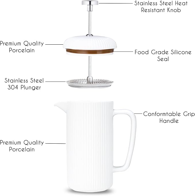 Easyworkz Porcelain French Press 34 fl oz, Coffee Tea Maker with Stainless Steel Plunger 1000 ml, Ivory