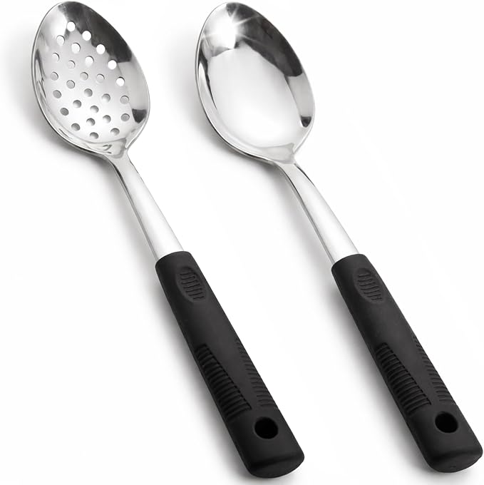 Serving Spoons Set, Large Serving Spoons with Silicone Handles | Stainless Steel Serving Spoon, Slotted Spoon & Soup Ladle Set for Buffet and Home Kitchen