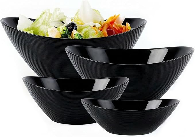 Oval Serving Bowls Set of 4, 15/20/43/66 OZ Black Opal Glass | Lightweight nesting bowls with microwave & dishwasher safe design, ideal for mixing, salad, fruit, pasta, dessert, meal prep