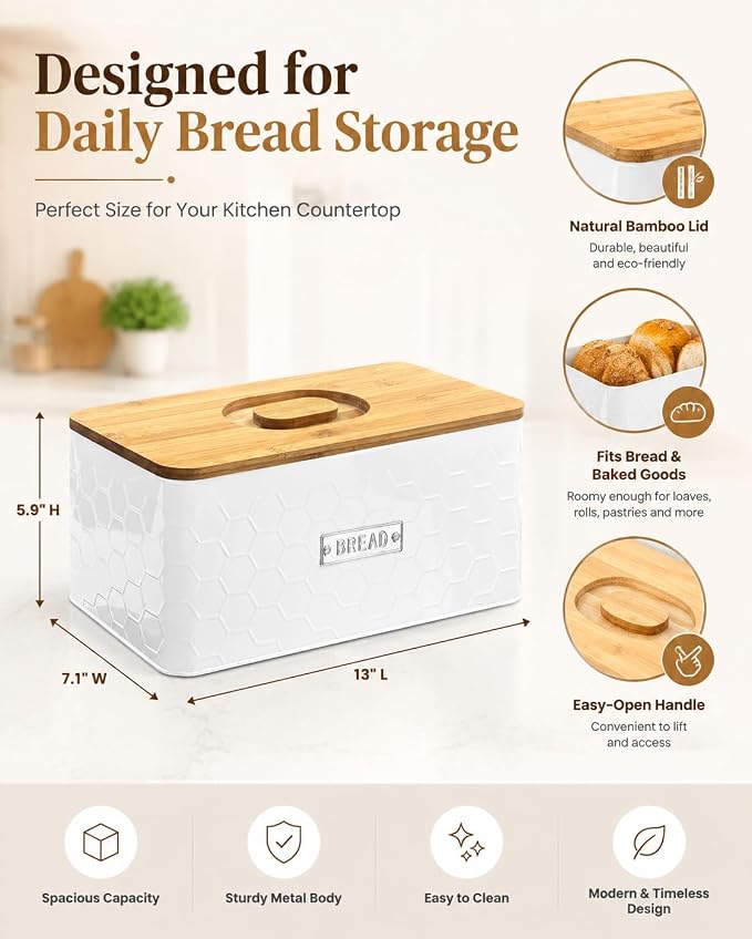 Bread Box for Countertop, Small White Metal Bin with Bamboo Lid | Small farmhouse bread storage container and bread bin with cutting board lid for homemade bread and baked goods organization.