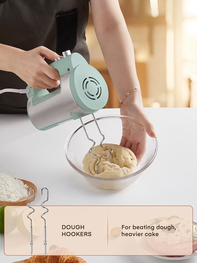 Hand Mixer Electric Handheld, 6 Speed & Turbo Electric Mixer, 300W Handheld Mixer with 2 Stainless Steel Whisk and 2 Dough Hook for Whipping, Mixing Cookies, Brownie, Cakes, Dough Batters, Green