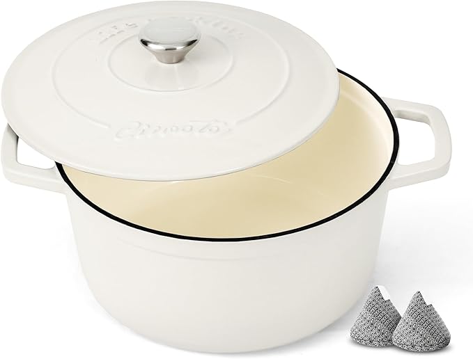 Enameled Cast Iron Dutch Oven – 4.4 Quart Pot with Lid & Potholders – Heavy-Duty Cookware for Bread Baking, Braising, Stews & Roasting – Oven & Stovetop Safe up to 500°F – Off White