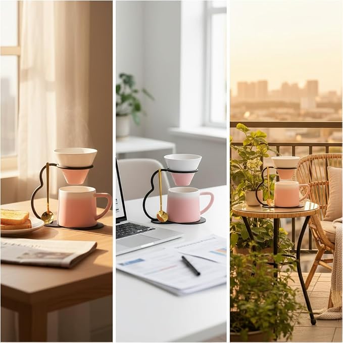 Pour Over Coffee Maker set,Ceramic Coffee Maker With V60 40 pcs Paper Filter，Metal Stand 9oz 270ml mug Pour Over Coffee Dripper Pink